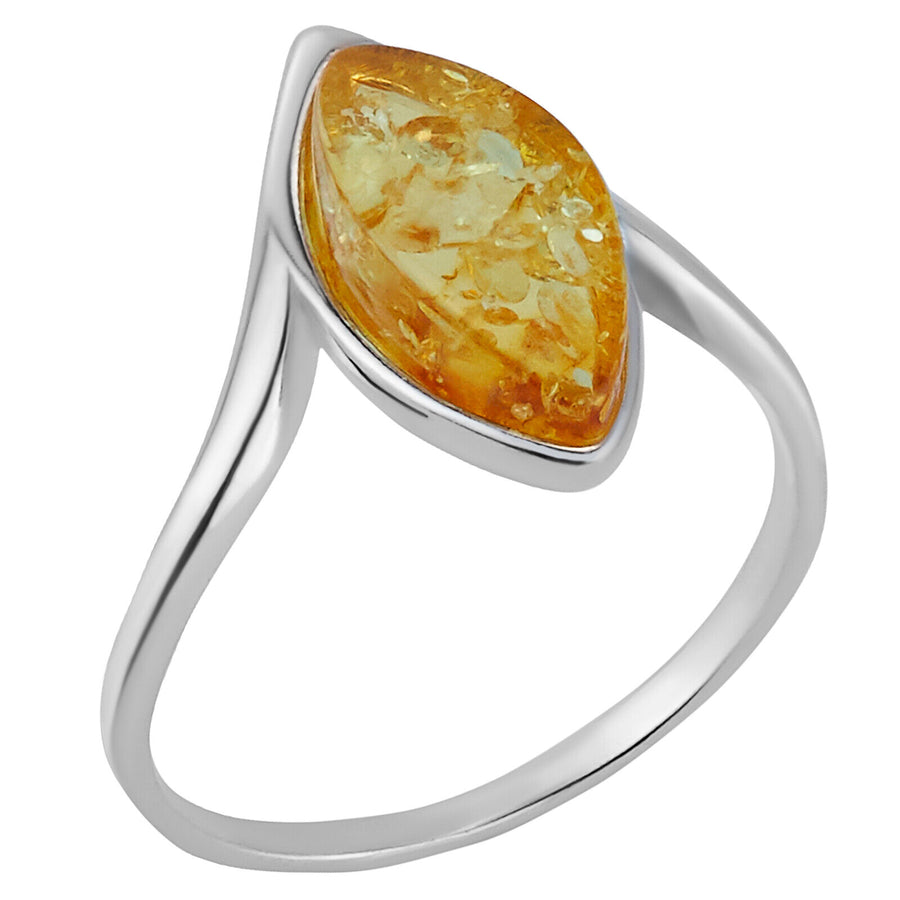 925 Solid Pure Sterling Silver Lemon Baltic Amber Marquise Designer Classic Ring