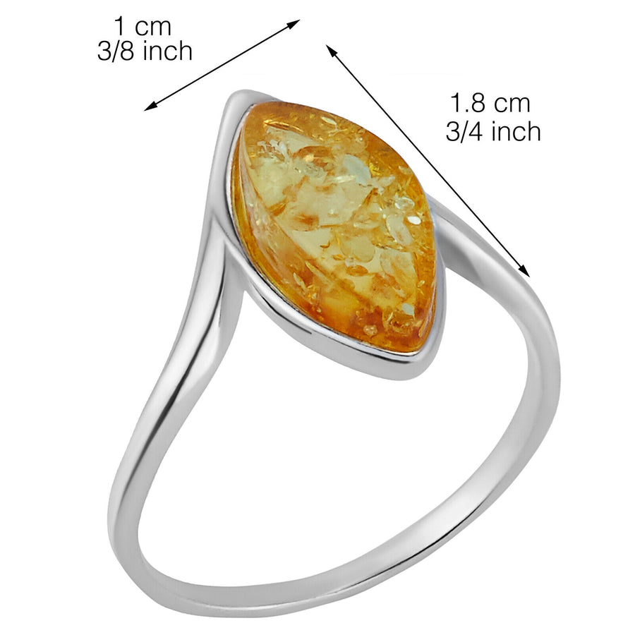 925 Solid Pure Sterling Silver Lemon Baltic Amber Marquise Designer Classic Ring