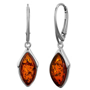 925 Solid Pure Sterling Silver Honey Baltic Amber Marquise Leverback Earrings