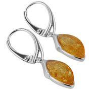 925 Solid Pure Sterling Silver Lemon Baltic Amber Marquise Leverback Earrings