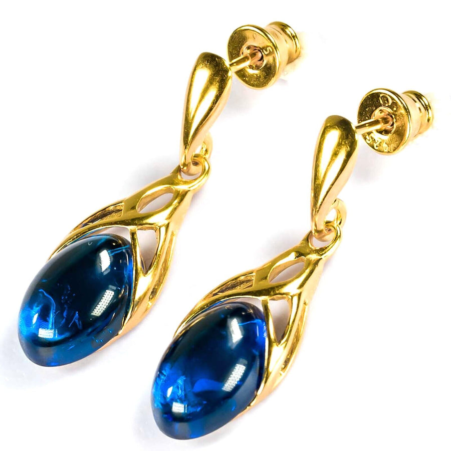 925 Solid Gold Plated Sterling Silver Blue Amber Designer Nice Celtic Earrings