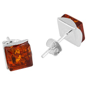 925 Solid Pure Sterling Silver Honey Baltic Amber Square Medium Stud Earrings