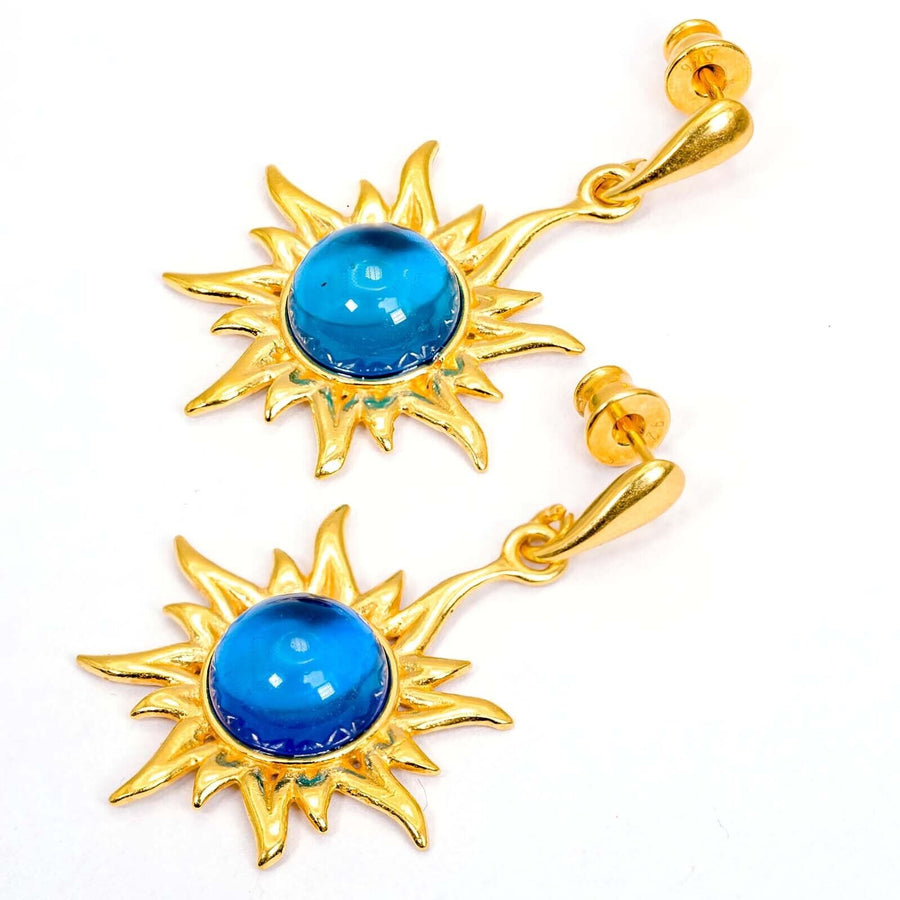 925 Solid Gold Plated Sterling Silver Blue Amber Round Flaming Sun Nice Earrings