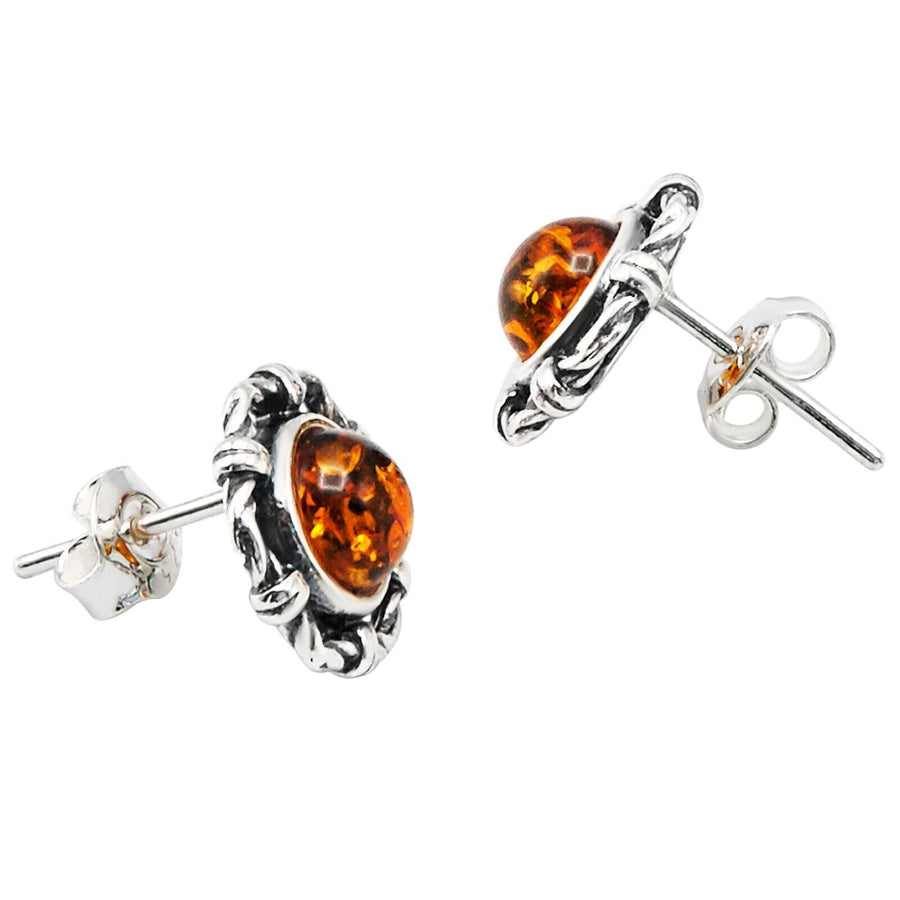 925 Solid Sterling Silver Honey Baltic Amber Round Classic Pretty Stud Earrings