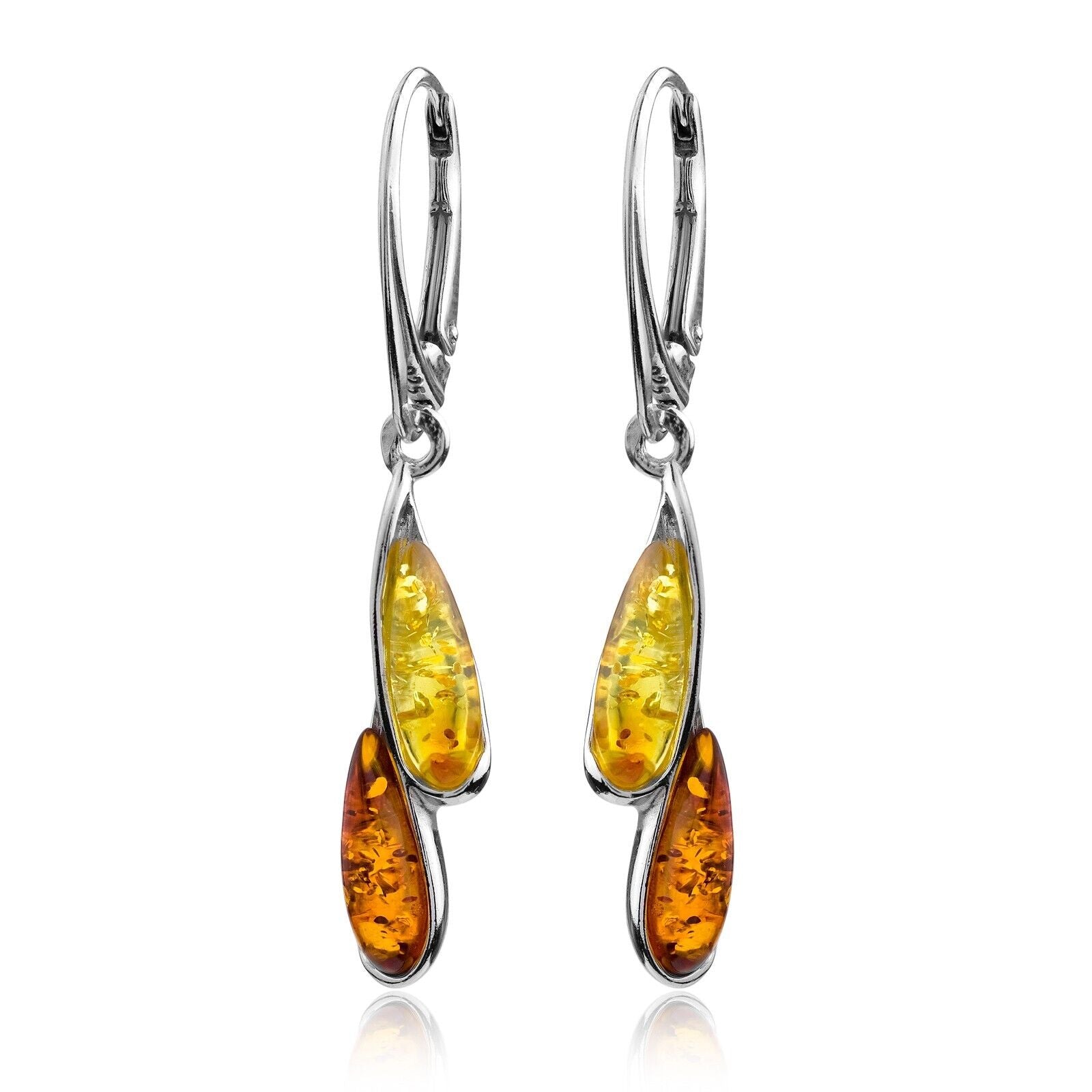 925 Solid Pure Sterling Silver Multicolor Baltic Amber Drop Leverback Earrings