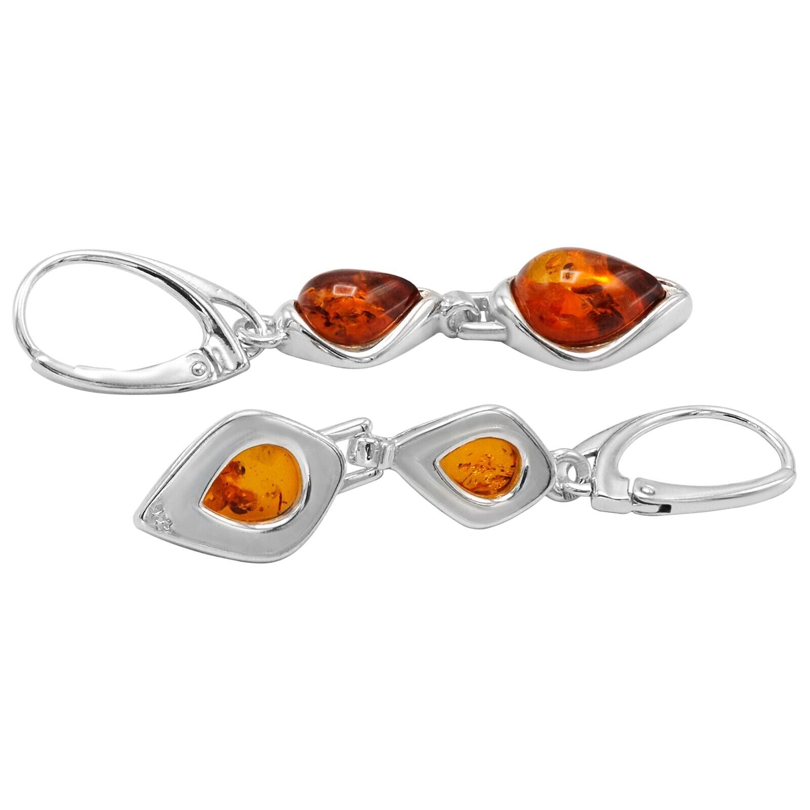 925 Solid Sterling Silver Cognac Baltic Amber Classic Drop Leverback Earrings