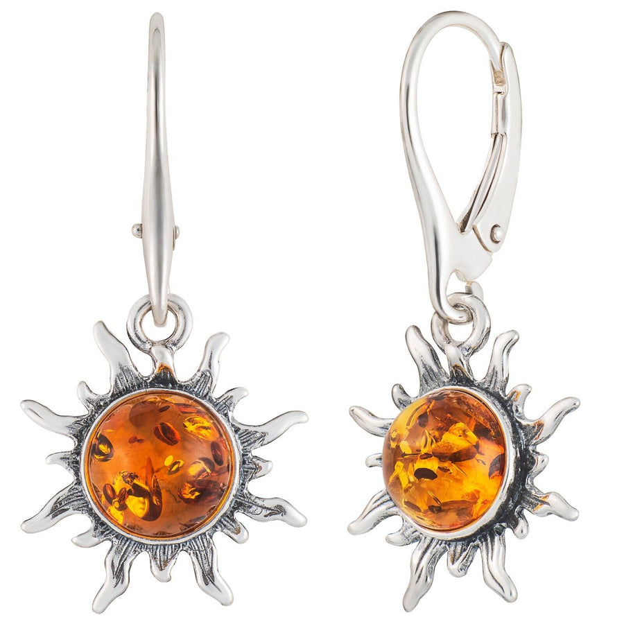 925 Solid Sterling Silver Honey Baltic Amber Flaming Sun Nice Leverback Earrings