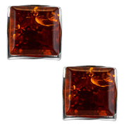 925 Solid Pure Sterling Silver Honey Baltic Amber Square Medium Stud Earrings