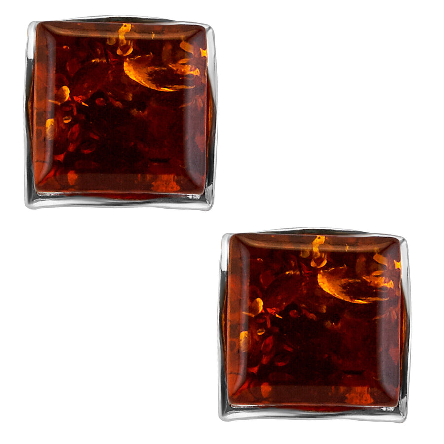 925 Solid Pure Sterling Silver Honey Baltic Amber Square Medium Stud Earrings
