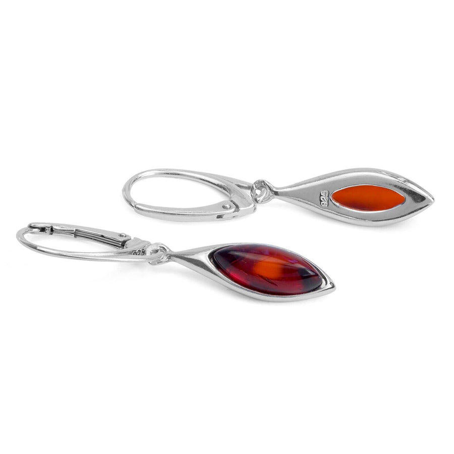 925 Solid Sterling Silver Cherry Baltic Amber Marquise Beautiful Drop Earrings