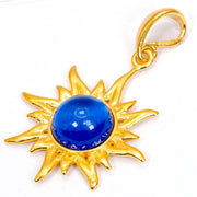925 Solid Gold Plated Sterling Silver Blue Amber Flaming Sun Beautiful Pendant