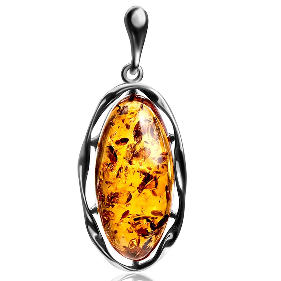 925 Solid Sterling Silver Honey Baltic Amber Designer Oval Beautiful Pendant