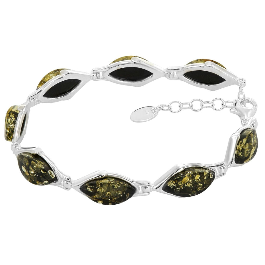925 Sterling Silver Green Baltic Amber Marquise Adjustable Bracelet 8 Inches