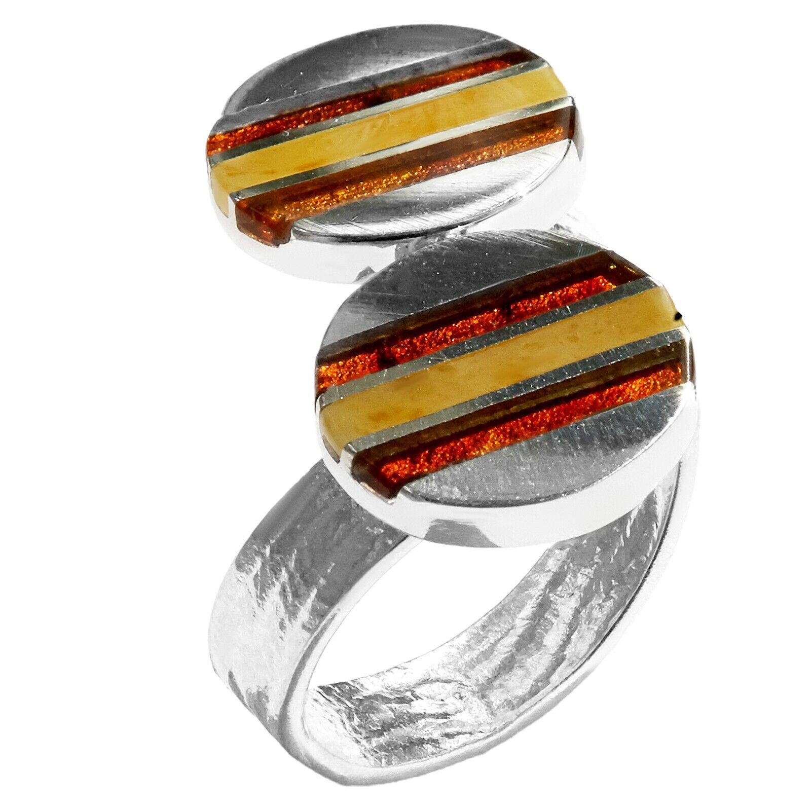 925 Solid Sterling Silver Multicolor Baltic Amber Round Inlay Adjustable Ring