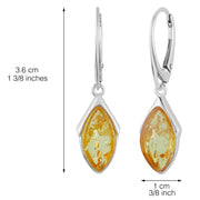 925 Solid Pure Sterling Silver Lemon Baltic Amber Marquise Leverback Earrings