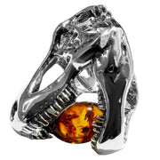 925 Solid Sterling Silver Honey Baltic Amber Jurassic Park T-Rex Slider Pendant