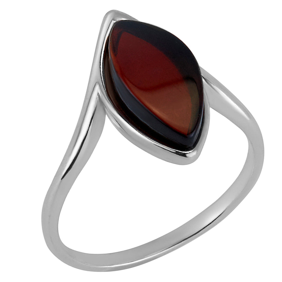 925 Solid Sterling Silver Dark Red Baltic Amber Marquise Designer Classic Ring