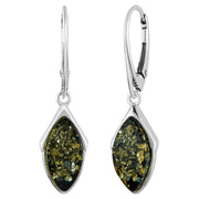925 Solid Pure Sterling Silver Green Baltic Amber Marquise Leverback Earrings