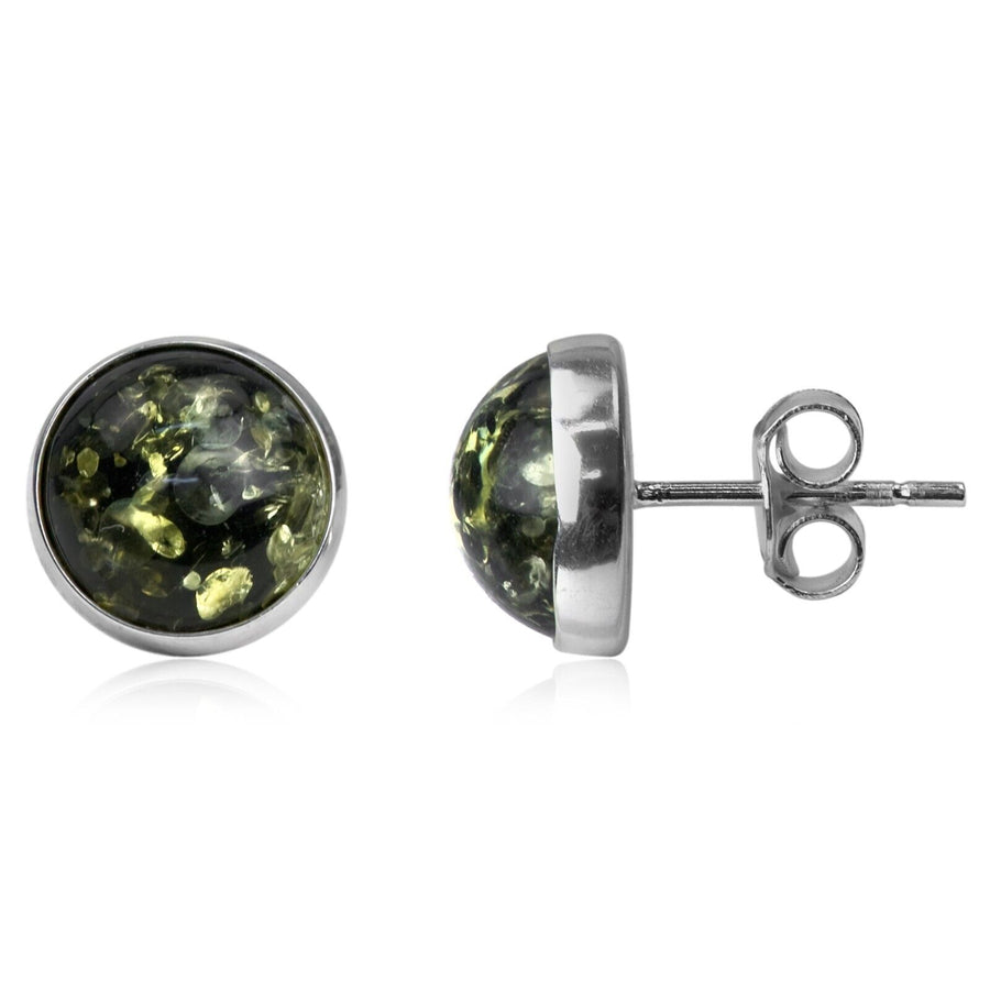 925 Solid Pure Sterling Silver Green Baltic Amber Beautiful Round Stud Earrings