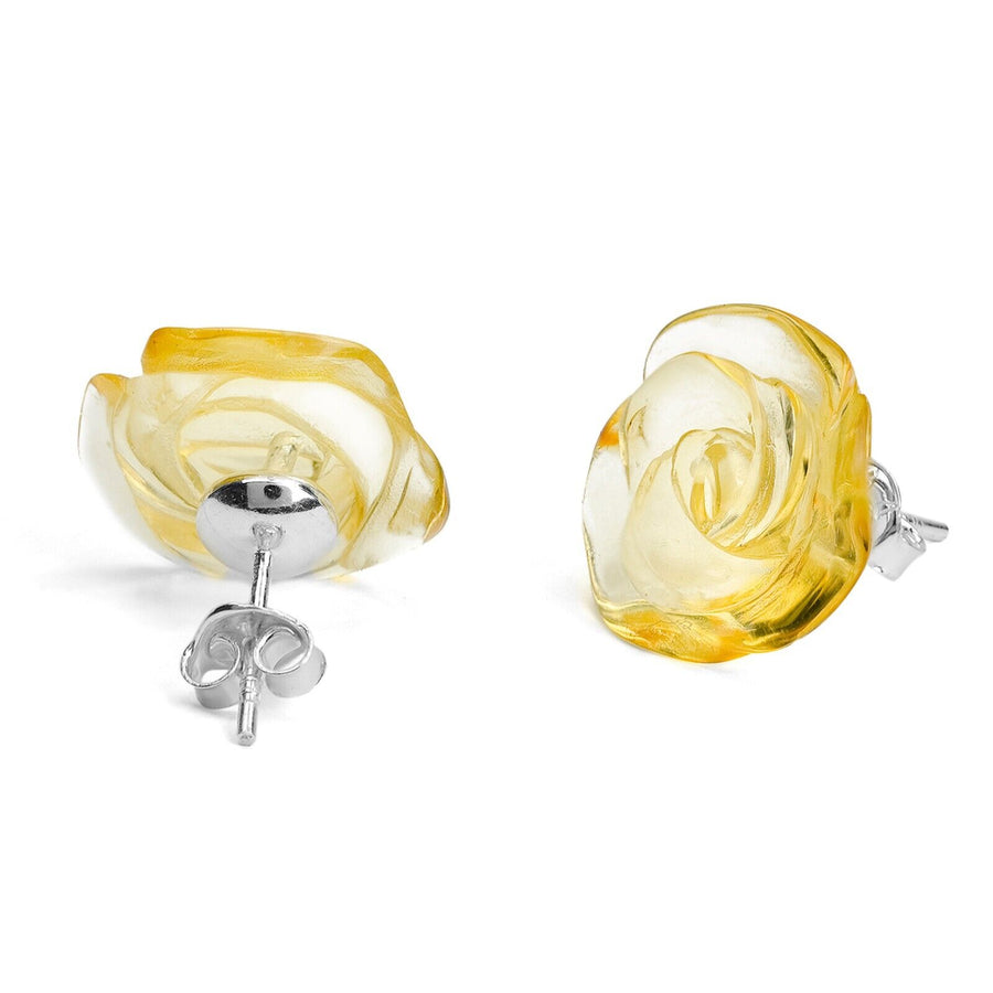 925 Solid Pure Sterling Silver Lemon Baltic Amber Designer Rose Stud Earrings