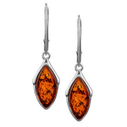 925 Solid Pure Sterling Silver Honey Baltic Amber Marquise Leverback Earrings