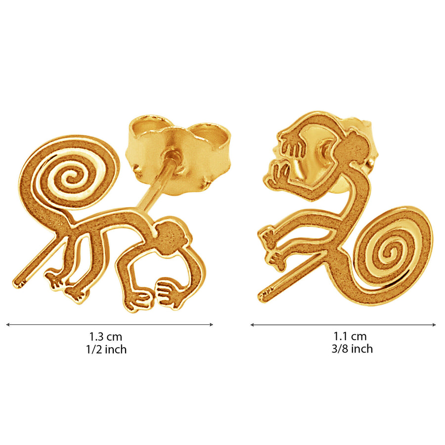 14k Solid Yellow Fine Gold Nazca Line Monkey World Wonder Geoglyph Stud Earrings