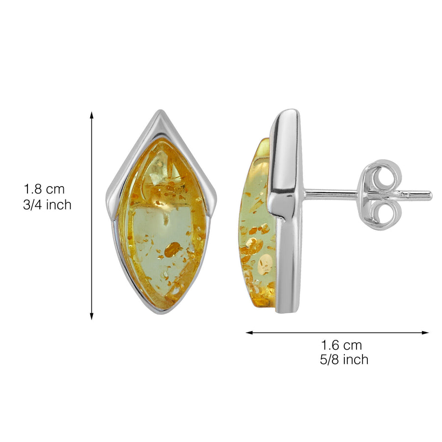 925 Solid Pure Sterling Silver Lemon Baltic Amber Marquise Stud Pretty Earrings