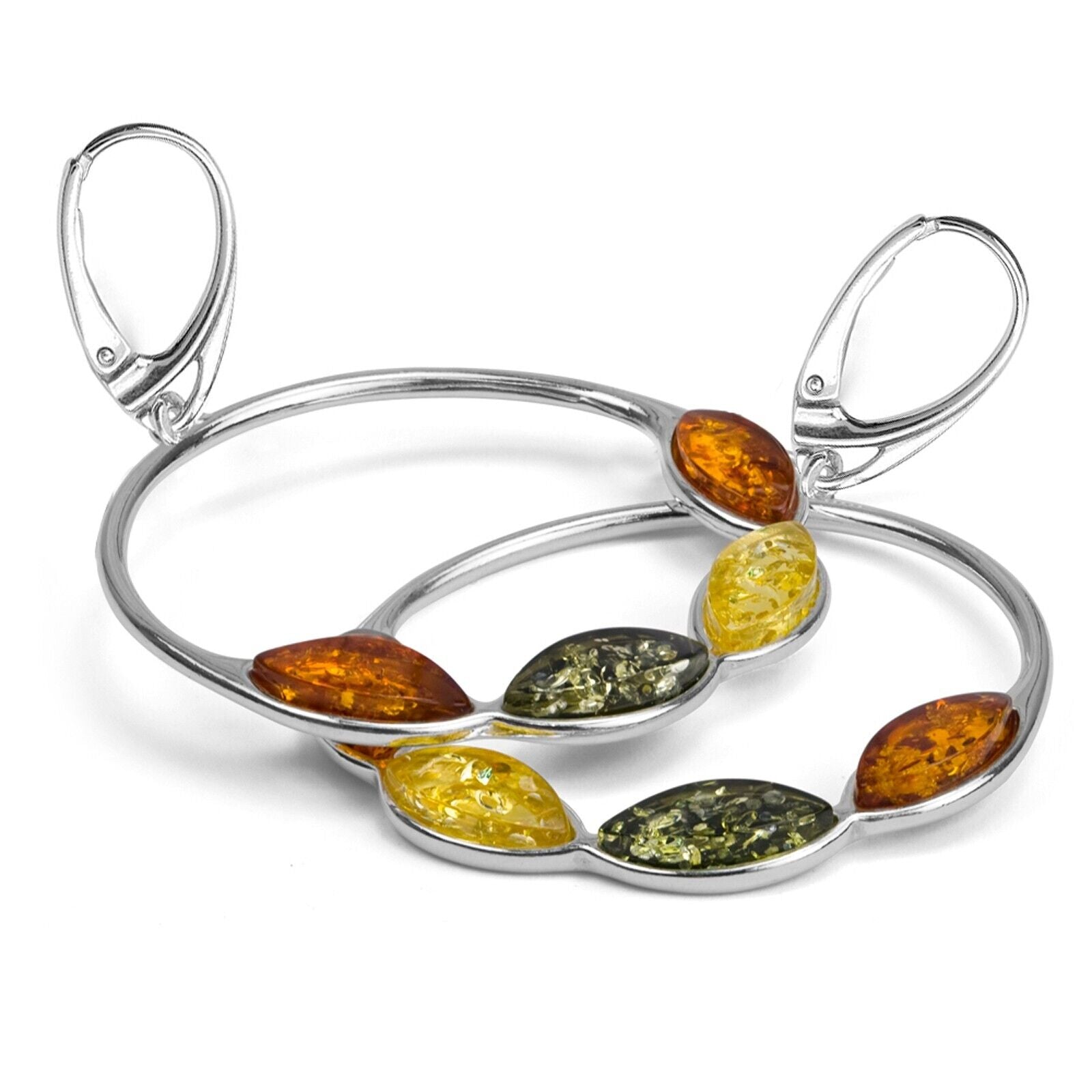 925 Solid Sterling Silver Multicolor Amber Marquise Large Leverback Earrings