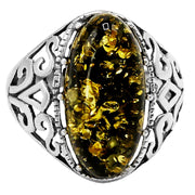 925 Solid Pure Sterling Silver Green Baltic Amber Oval Designer Classic Ring