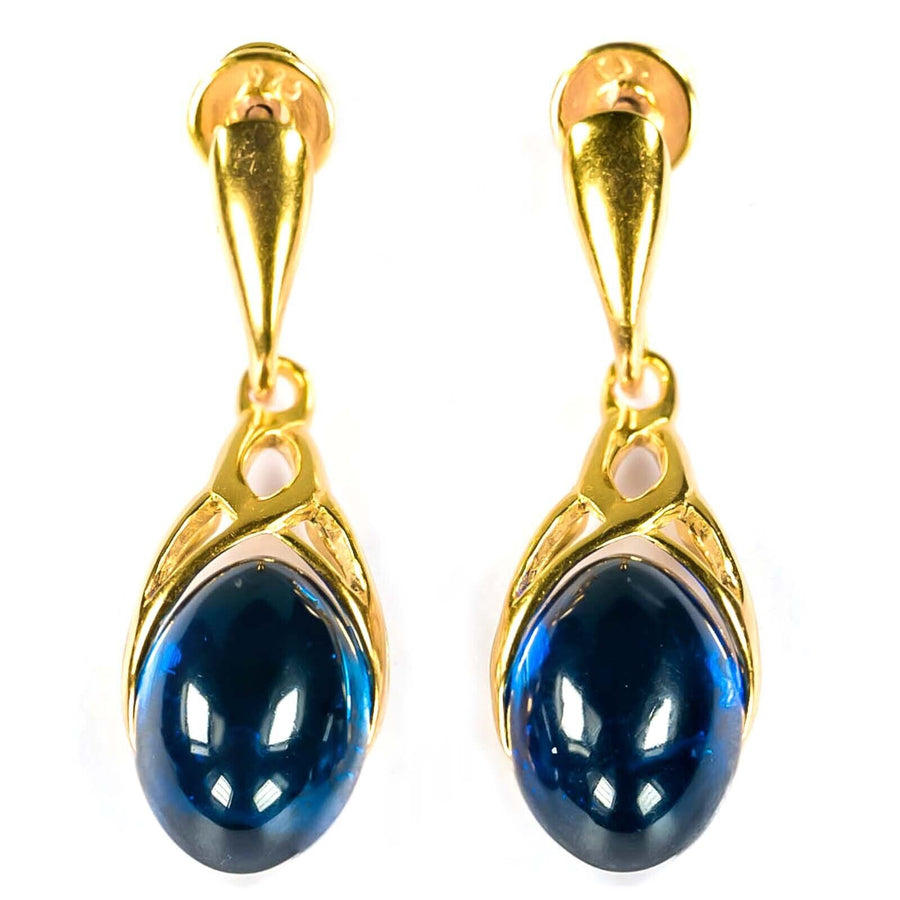 925 Solid Gold Plated Sterling Silver Blue Amber Designer Nice Celtic Earrings