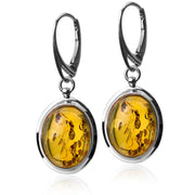 925 Solid Sterling Silver Baltic Honey Amber Oval Beautiful Leverback Earrings