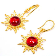 925 Solid Gold Plated Sterling Silver Red Amber Round Flaming Sun Nice Earrings