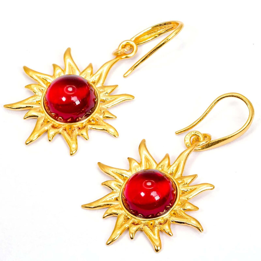 925 Solid Gold Plated Sterling Silver Red Amber Round Flaming Sun Nice Earrings