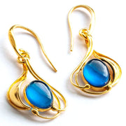 925 Solid Gold Plated Sterling Silver Blue Amber Oval Beautiful Floral Earrings