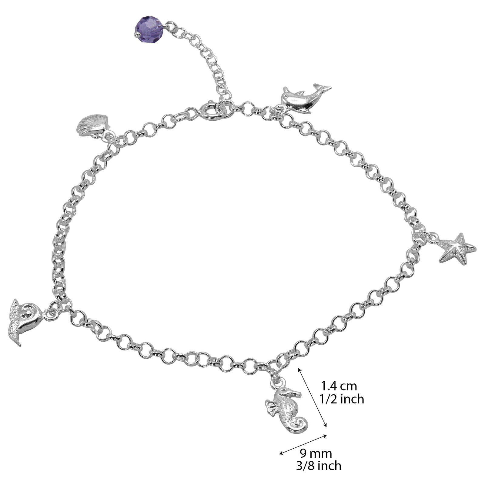 925 Solid Pure Sterling Silver Sea Life Rolo Chain Crystal Anklet 10 1/2 Inches