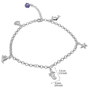 925 Solid Pure Sterling Silver Sea Life Rolo Chain Crystal Anklet 10 1/2 Inches