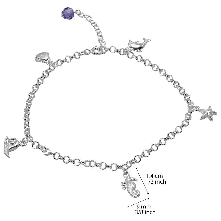 925 Solid Pure Sterling Silver Sea Life Rolo Chain Crystal Anklet 10 1/2 Inches