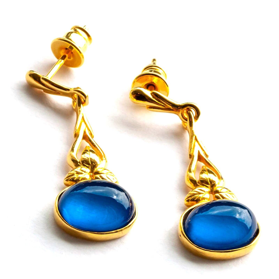 925 Solid Gold Plated Sterling Silver Blue Amber Oval Beautiful Floral Earrings