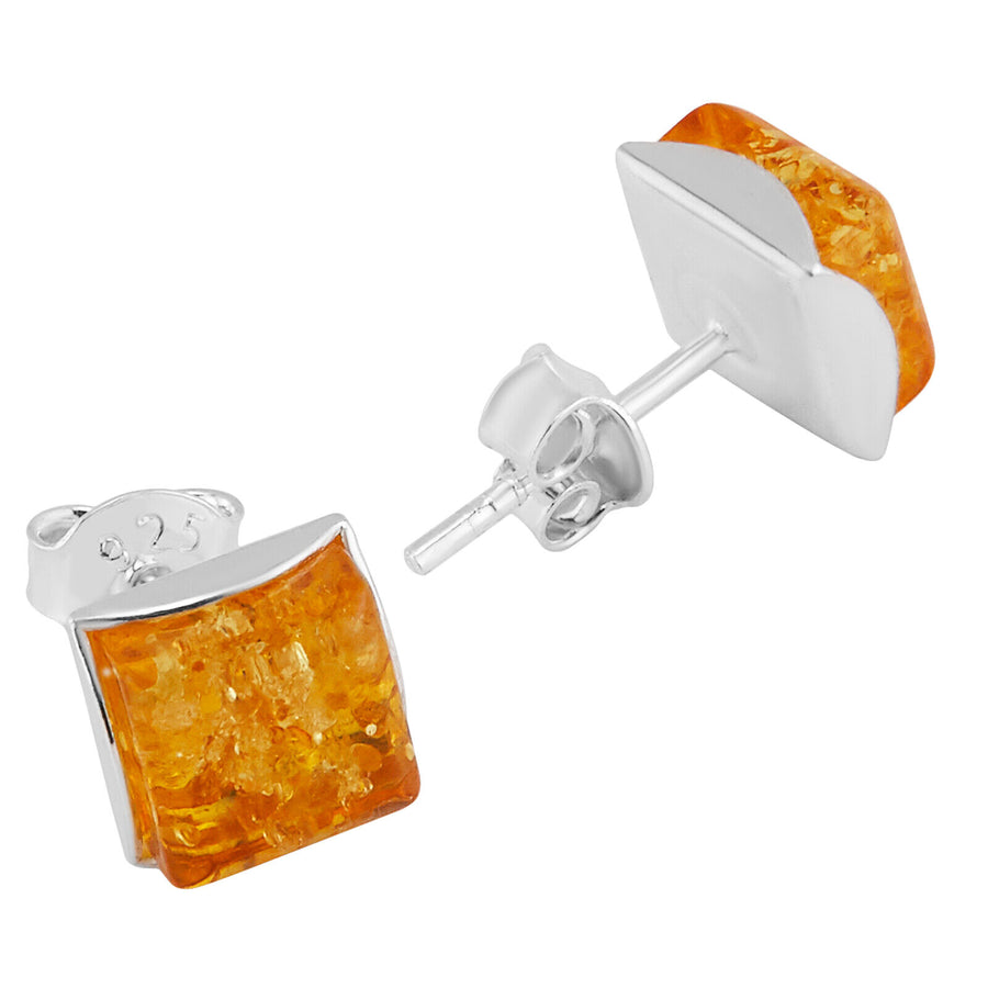 925 Solid Pure Sterling Silver Lemon Baltic Amber Square Medium Stud Earrings