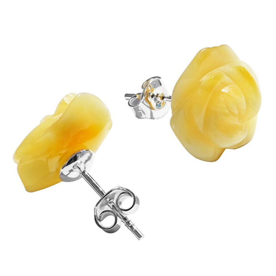 925 Solid Sterling Silver Butterscotch Baltic Amber Designer Rose Stud Earrings