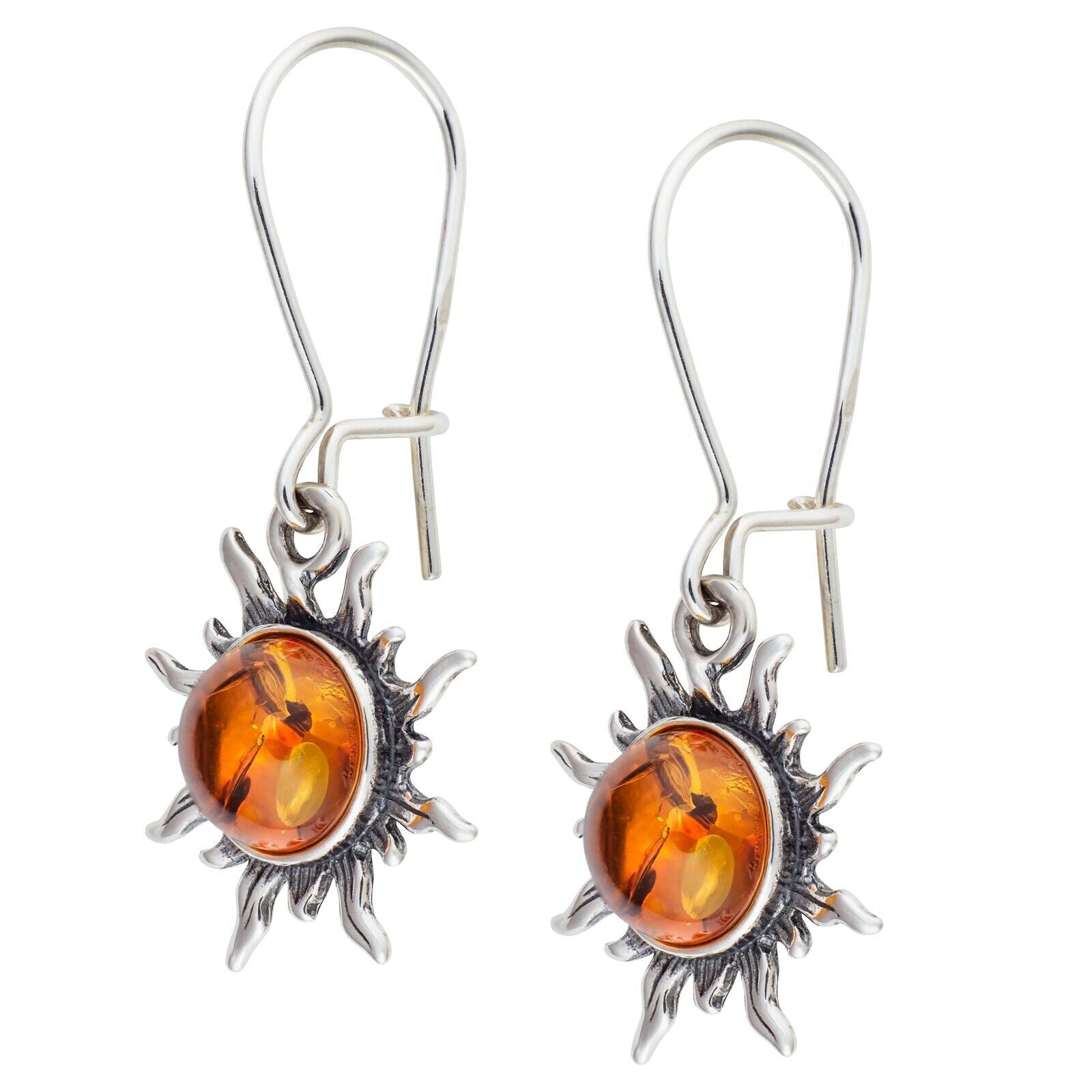 925 Solid Sterling Silver Honey Baltic Amber Sun Round Pretty Earwire Earrings