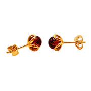 14k Pure Solid Yellow Gold Honey Baltic Amber Flower Designer Small Stud Earring