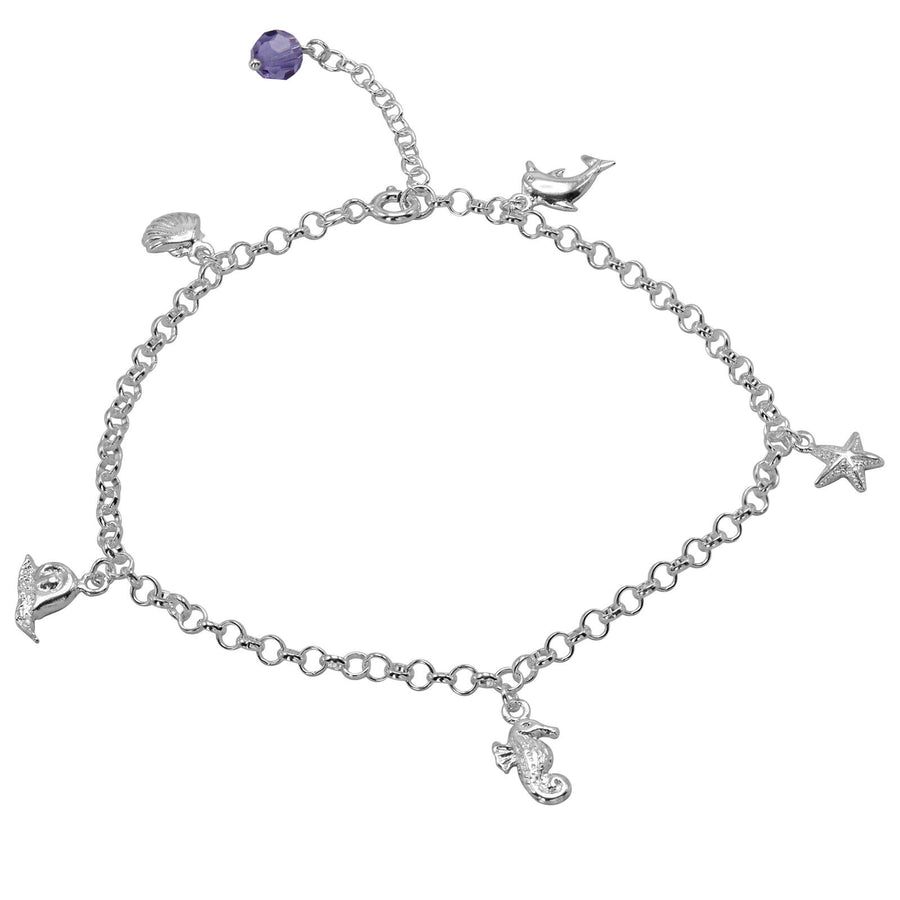 925 Solid Pure Sterling Silver Sea Life Rolo Chain Crystal Anklet 10 1/2 Inches