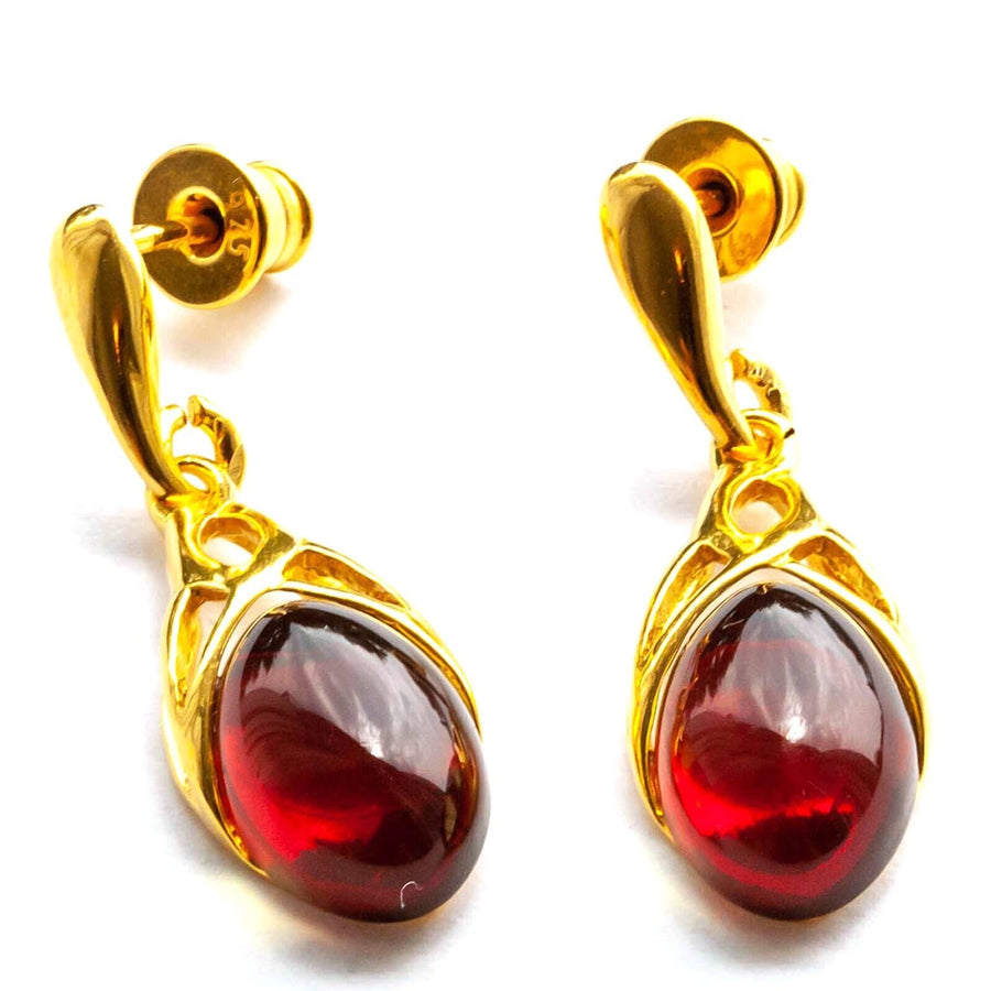 925 Solid Gold Plated Sterling Silver Red Amber Designer Nice Celtic Earrings
