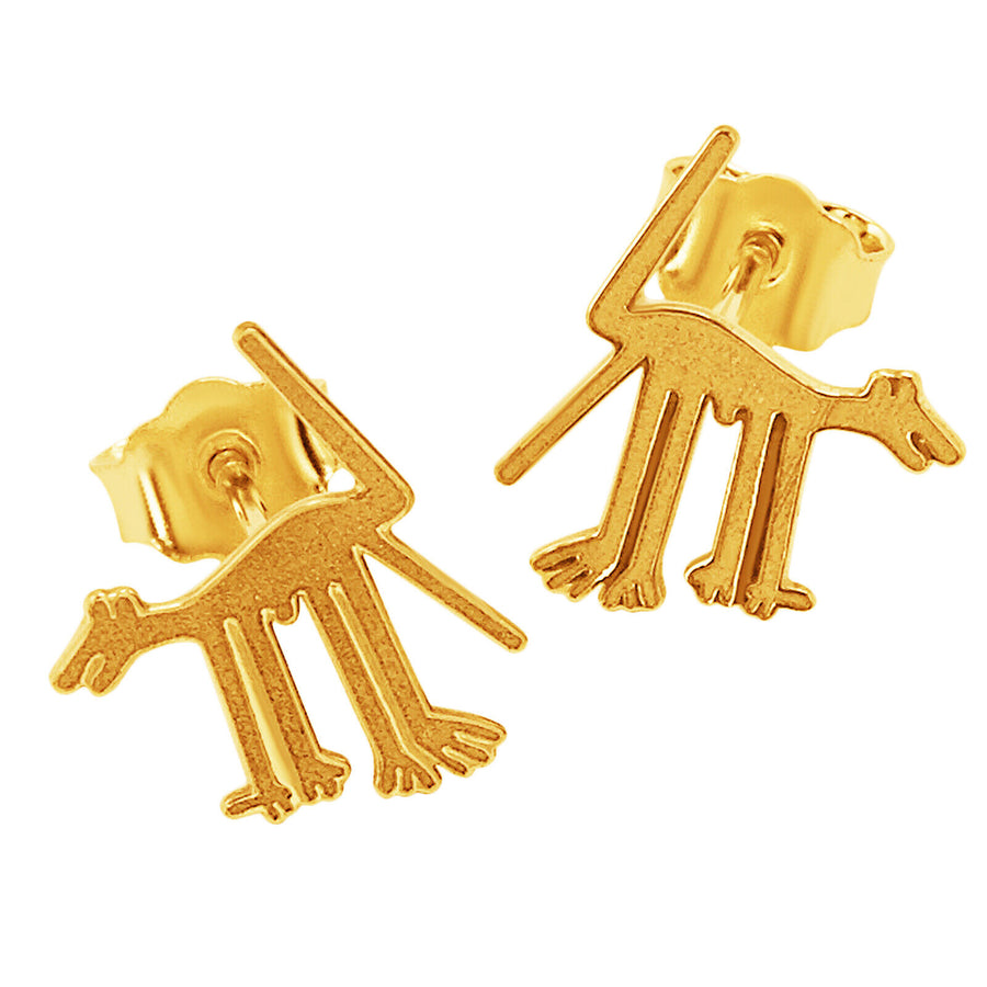 14k Solid Yellow Fine Gold Nazca Line Dog World Wonder Geoglyph Stud Earrings