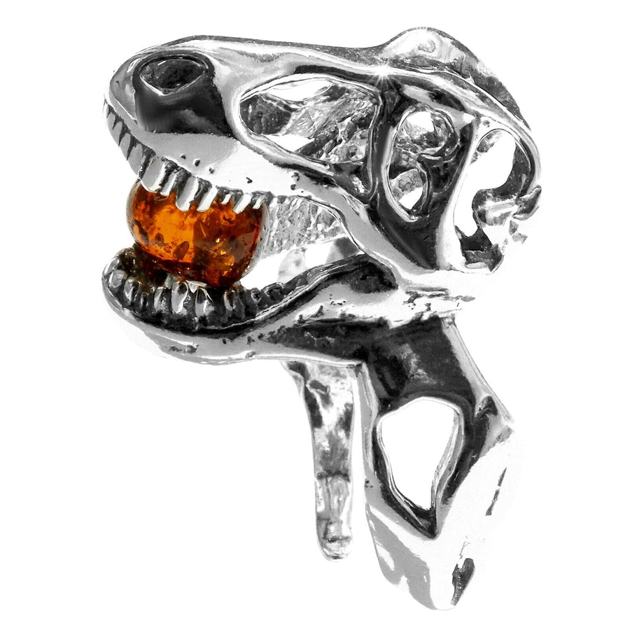 925 Solid Sterling Silver Honey Baltic Amber Jurassic Park T-Rex Adjustable Ring