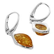 925 Solid Pure Sterling Silver Lemon Baltic Amber Marquise Leverback Earrings