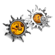925 Solid Sterling Silver Honey Baltic Amber Sun Beautiful Round Stud Earrings