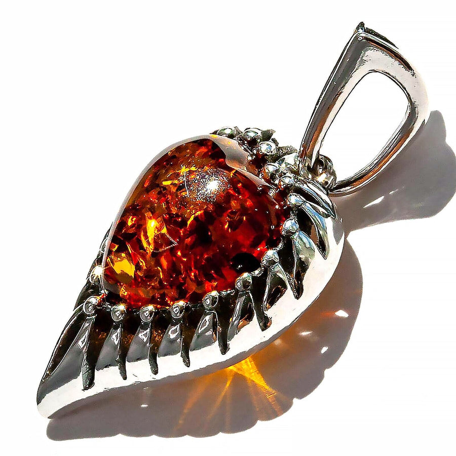 925 Solid Pure Sterling Silver Honey Baltic Amber Modern Beautiful Heart Pendant