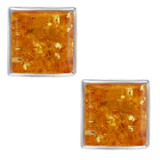 925 Solid Pure Sterling Silver Lemon Baltic Amber Square Medium Stud Earrings